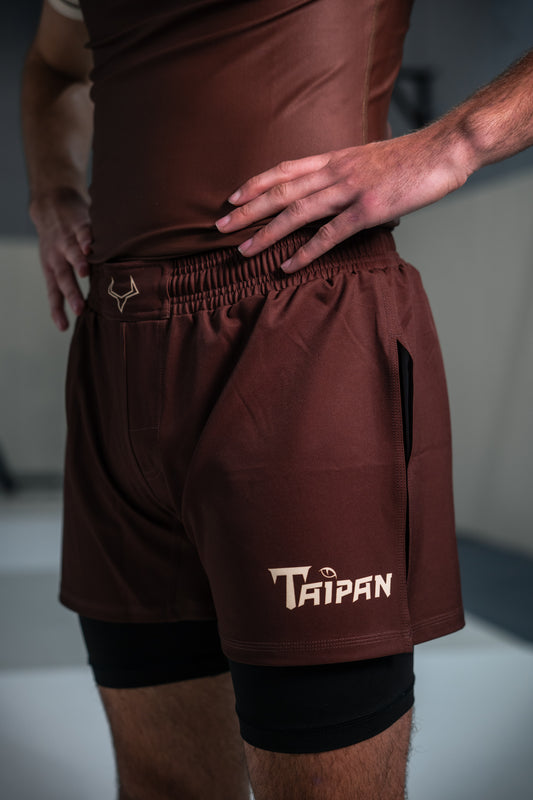 Taipan Fight Shorts - High Split Pants - Brown/Beige